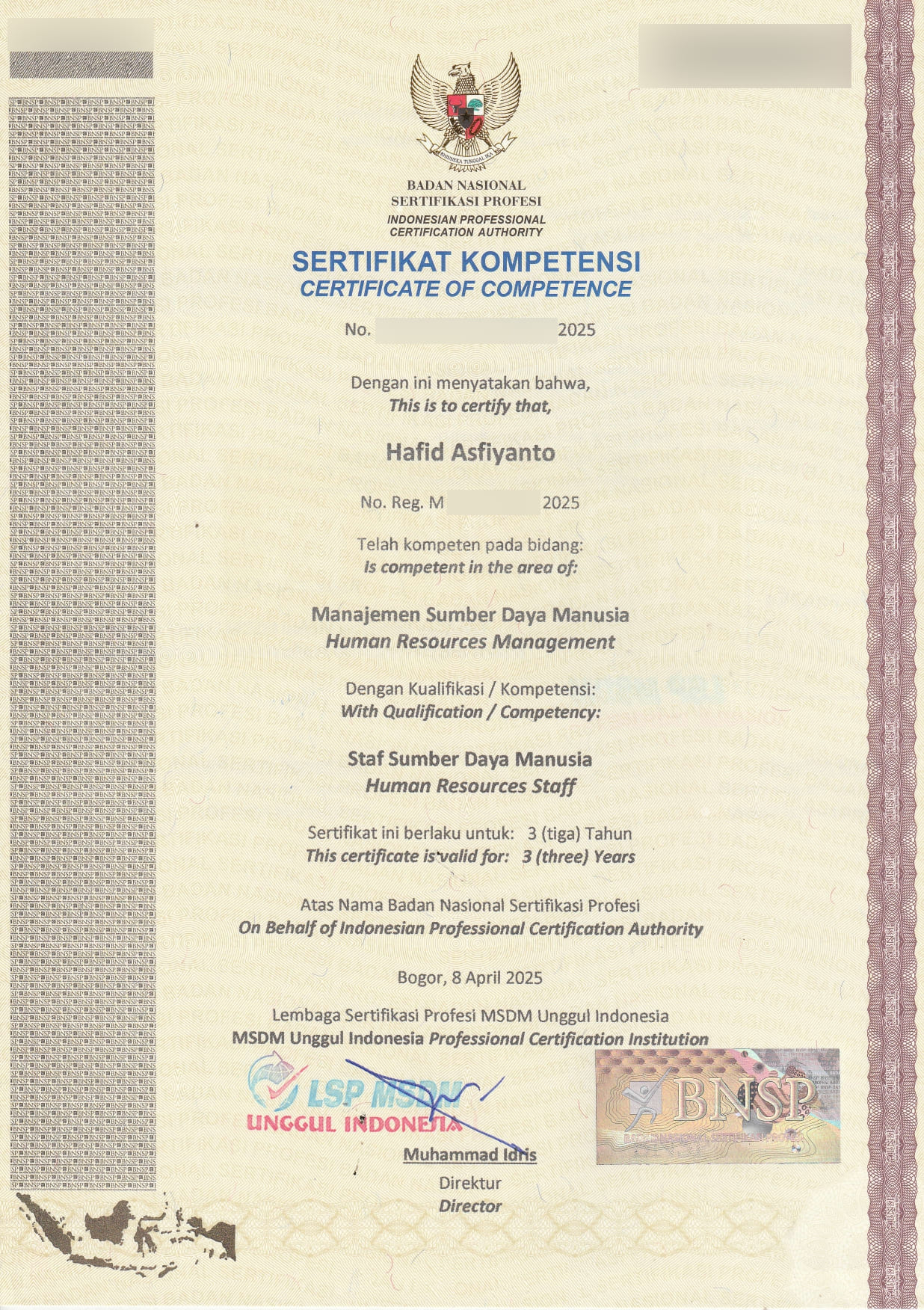 Sertifikat BNSP Staf SDM